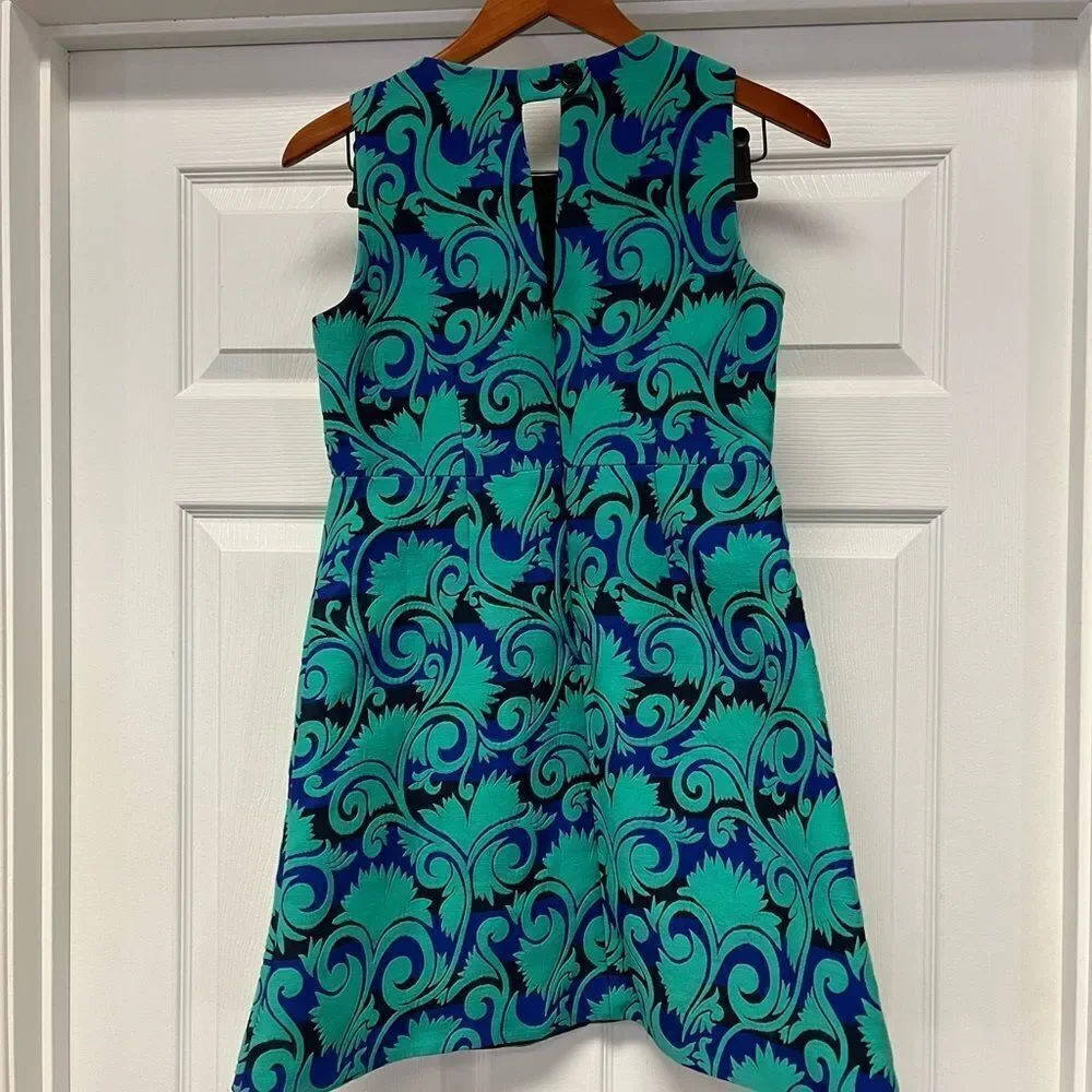 J. Crew Vineyard Jacquard Wester Dress in Navy & Green Damask. Sz 6P NWOT